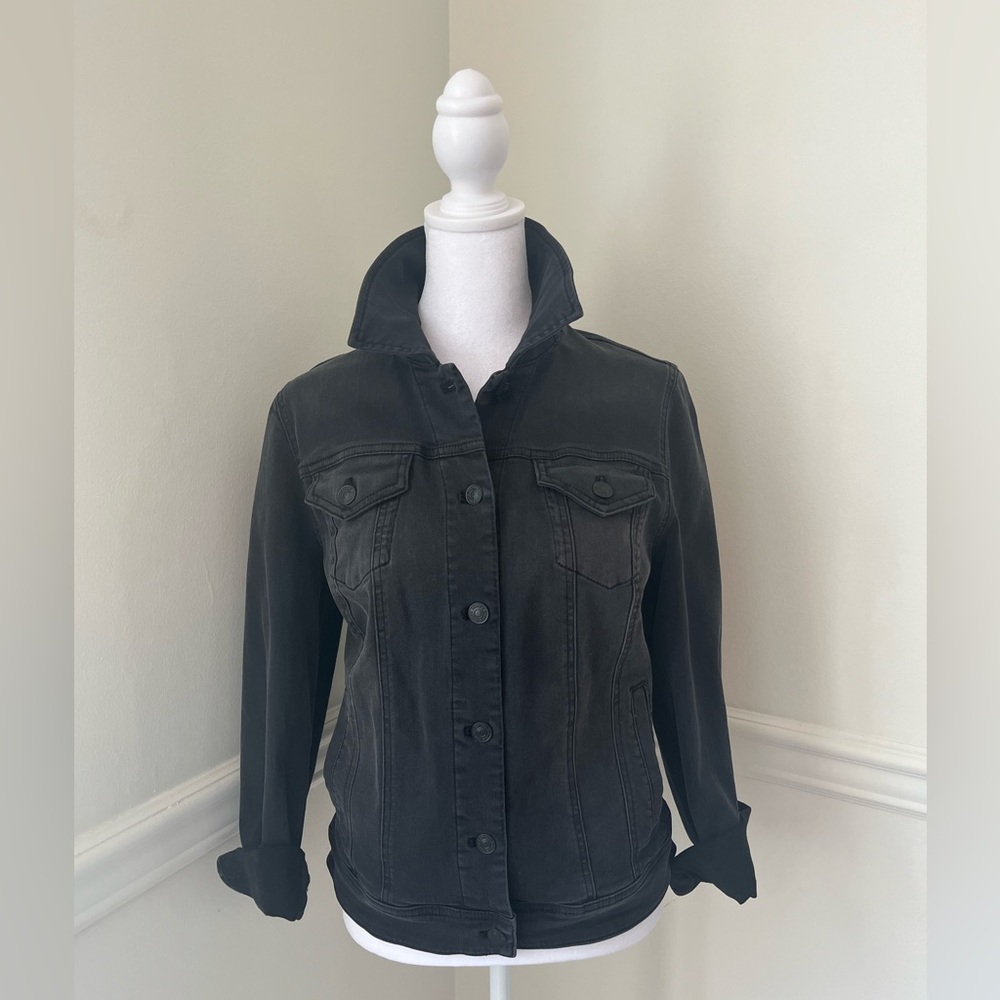 Chicos size 0 washed black denim long sleeved jacket.